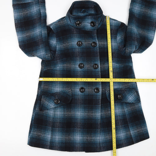 Dorothy Perkins Women Blue Check Wool Blend Pea Coat Size 10