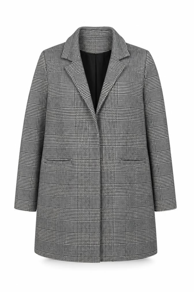 Front view of Dorothy Perkins Women's Grey Check Mid-Length Overcoat, size 16