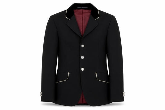 Front view of Cavallo boys’ black polyester four-button equestrian blazer 11 years