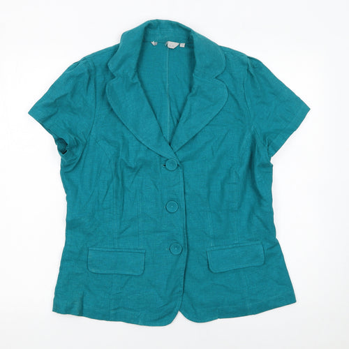 Per Se Women Green Linen Blend Short Sleeve Blazer Size 12