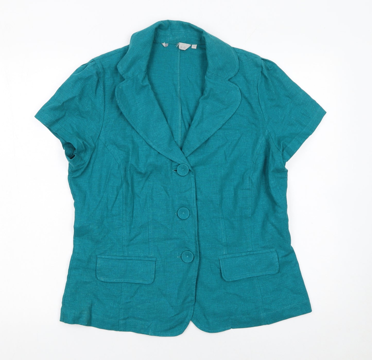 Per Se Women Green Linen Blend Short Sleeve Blazer Size 12