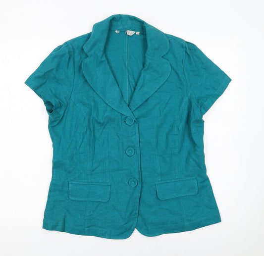 Per Se Women Green Linen Blend Short Sleeve Blazer Size 12