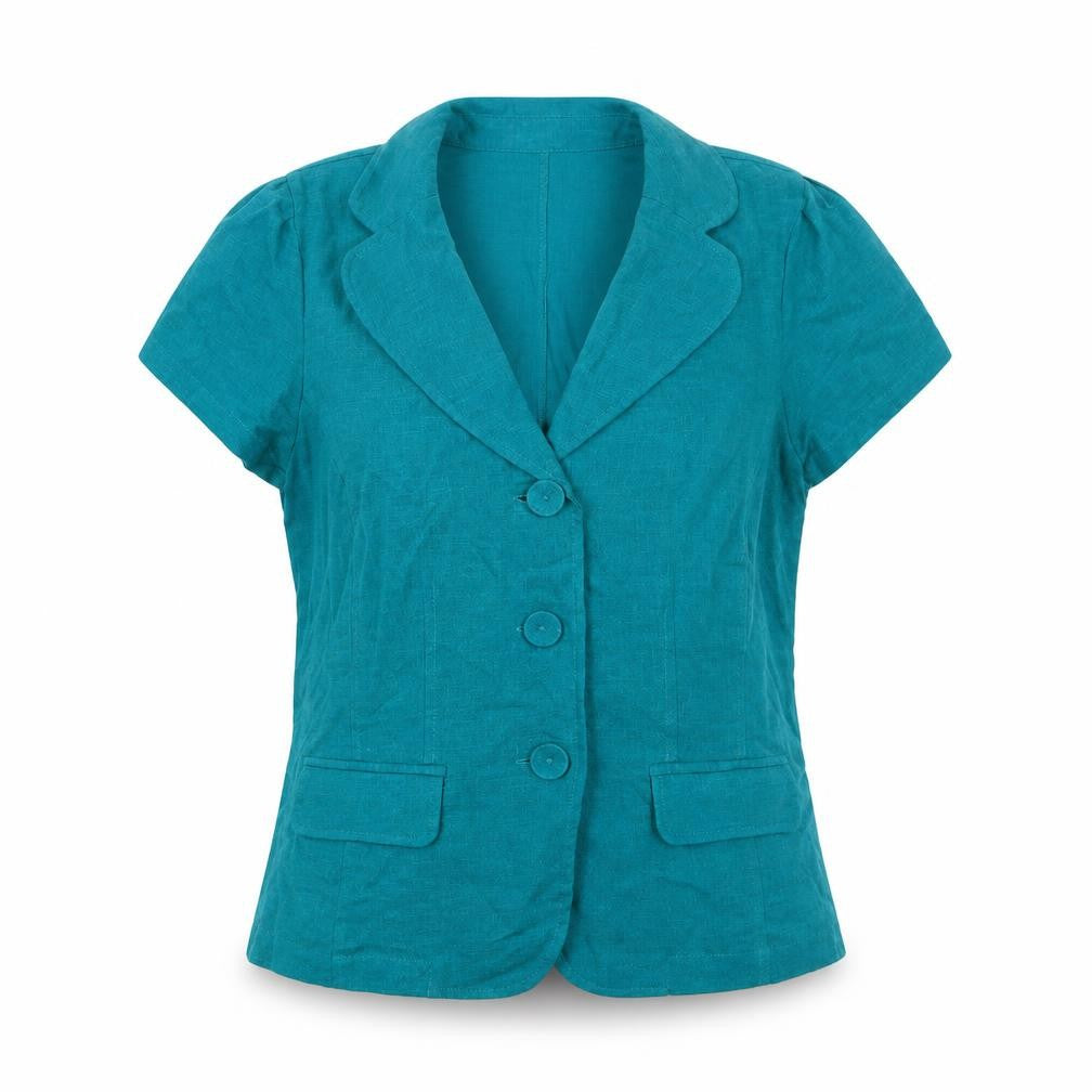 Front view of Per Se Women Green Linen Blend Short Sleeve Blazer, size 12