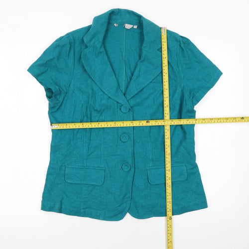 Per Se Women Green Linen Blend Short Sleeve Blazer Size 12