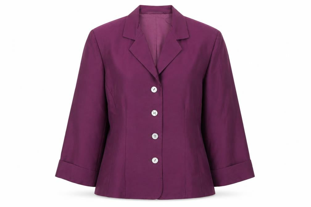 Front view of Platinum Women's Purple Silk 3/4 Sleeve Button Blouse, size 10