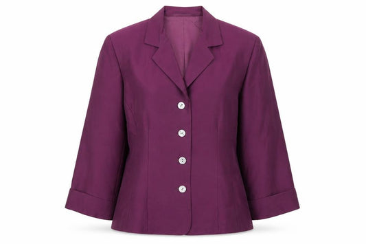 Front view of Platinum Women's Purple Silk 3/4 Sleeve Button Blouse, size 10