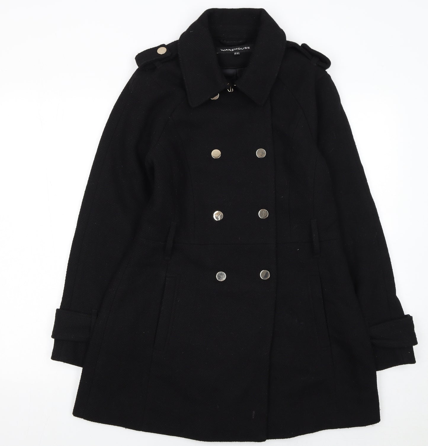 Warehouse Women Black Wool Blend Pea Coat UK 12 Double Breasted