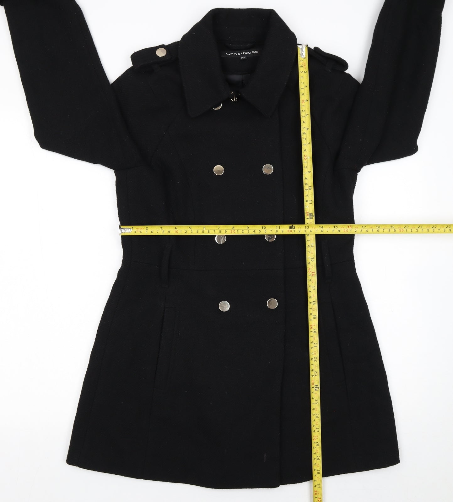 Warehouse Women Black Wool Blend Pea Coat UK 12 Double Breasted