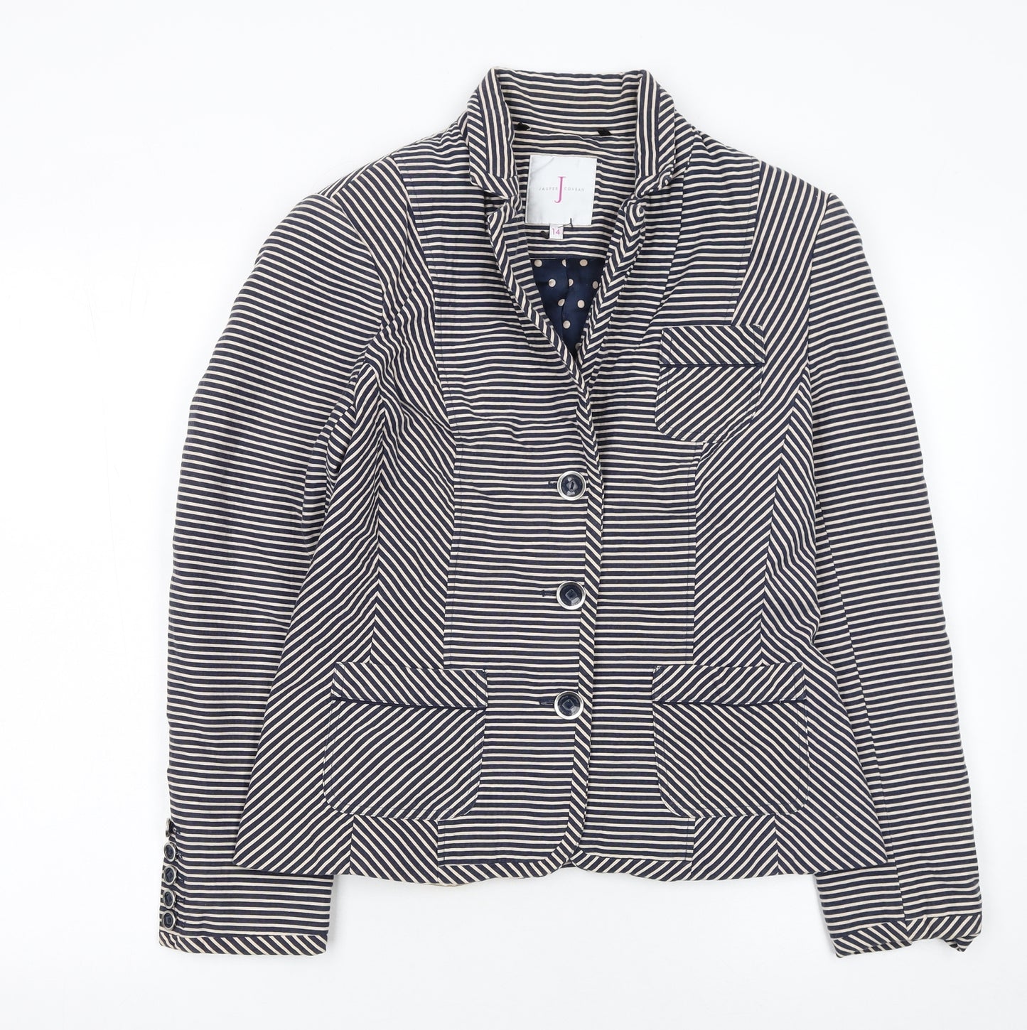 Jasper Conran Women Blue Striped Size 14 Classic Blazer Jacket