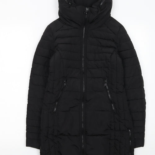 Next Womens Black Size 6 Long Puffer Jacket with Zipped Pockets