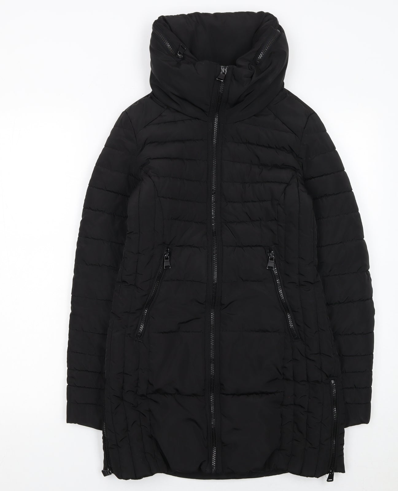 Next Womens Black Size 6 Long Puffer Jacket with Zipped Pockets