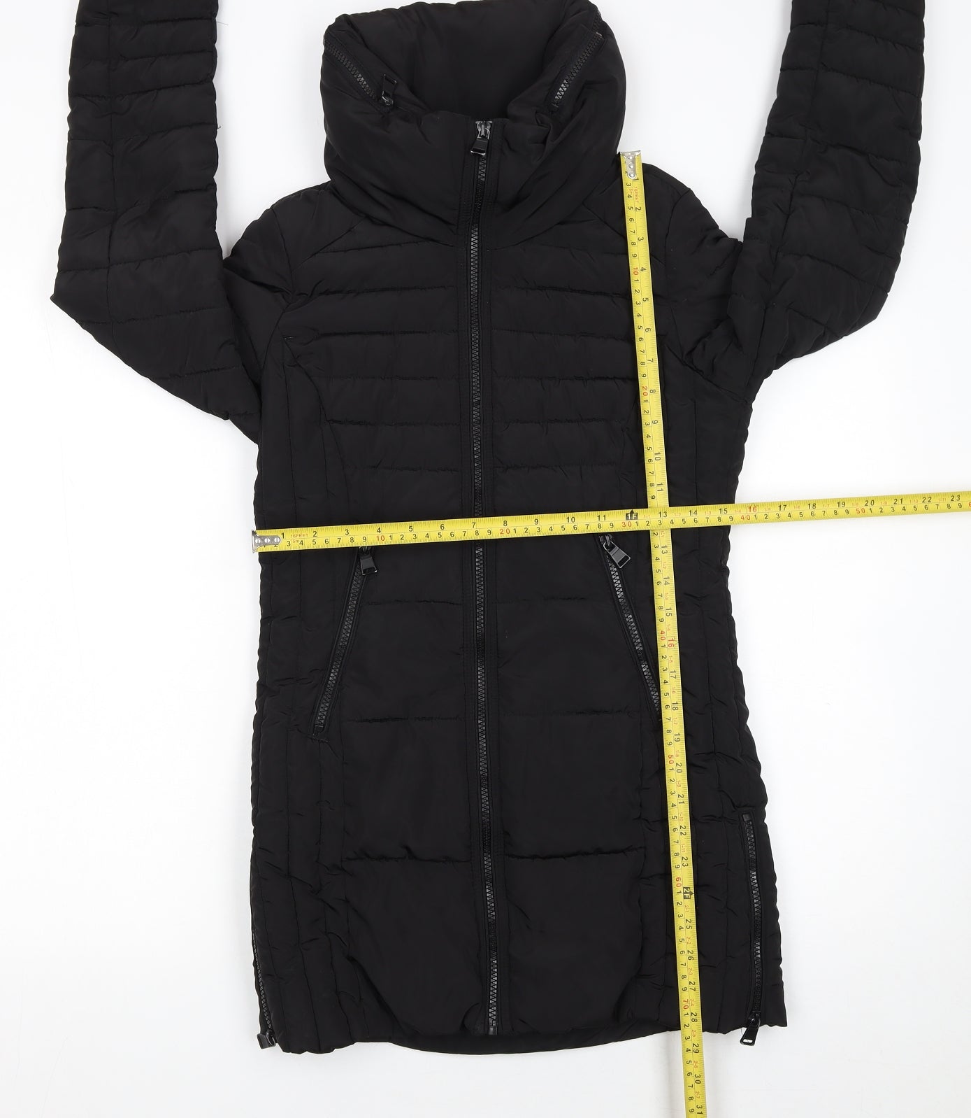 Next Womens Black Size 6 Long Puffer Jacket with Zipped Pockets