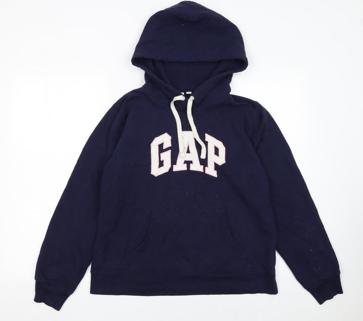 GAP Women Navy Blue Medium Pullover Hoodie with Logo Print