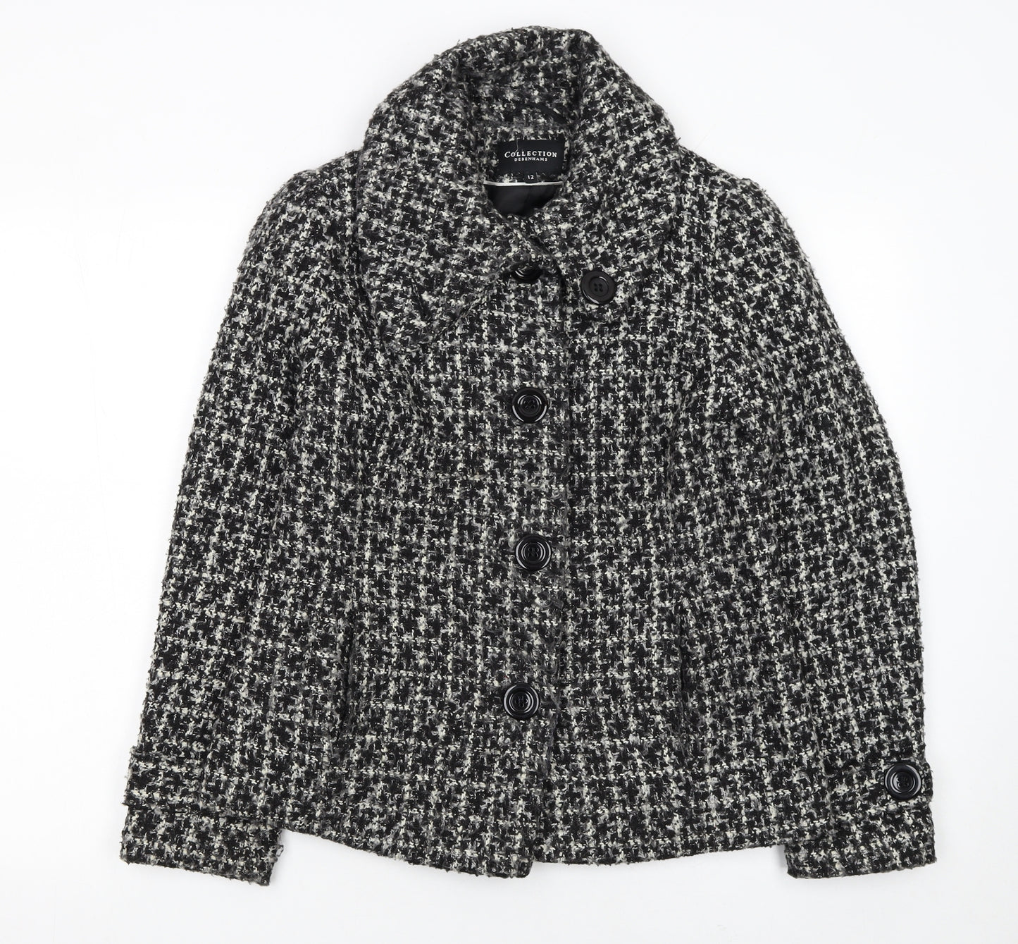 Debenhams Women’s Black Wool Blend Tweed Pea Coat Jacket Size 12