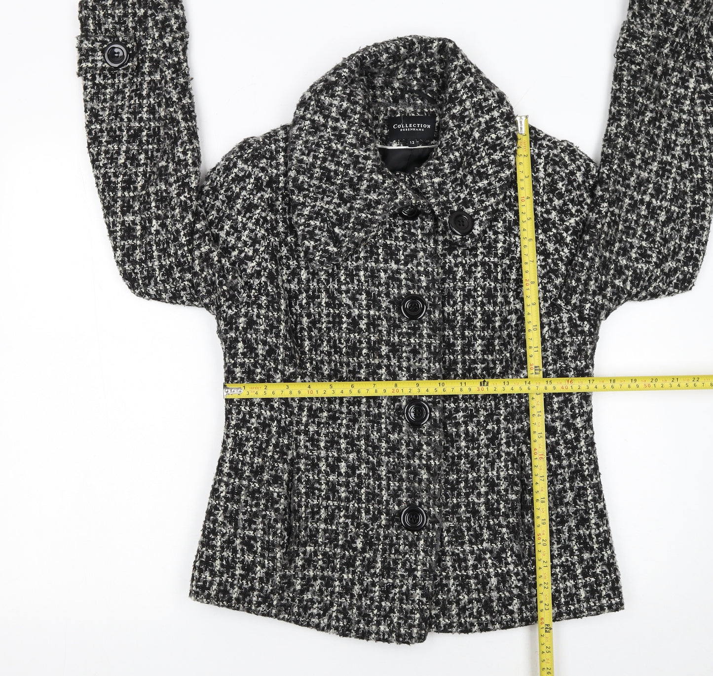 Debenhams Women’s Black Wool Blend Tweed Pea Coat Jacket Size 12