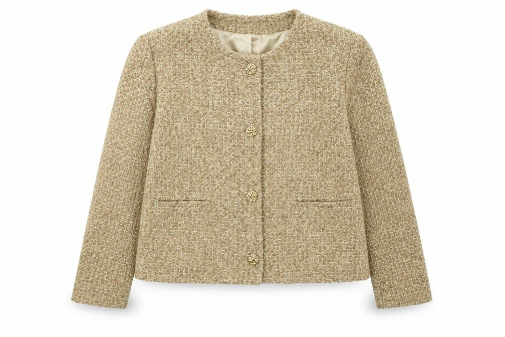 Front view of Primark Women Beige Tweed Blazer Jacket XL Classic Lined
