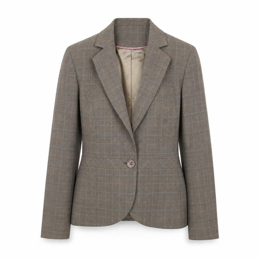 Front view of Next Women Brown Checked Tailored Suit Jacket, size 12, Classic Style