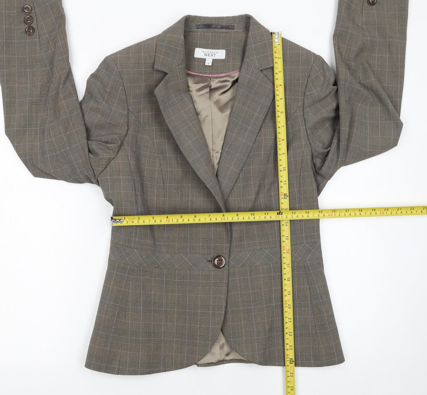 Next Women Brown Checked Tailored Suit Jacket Size 12 Classic Style