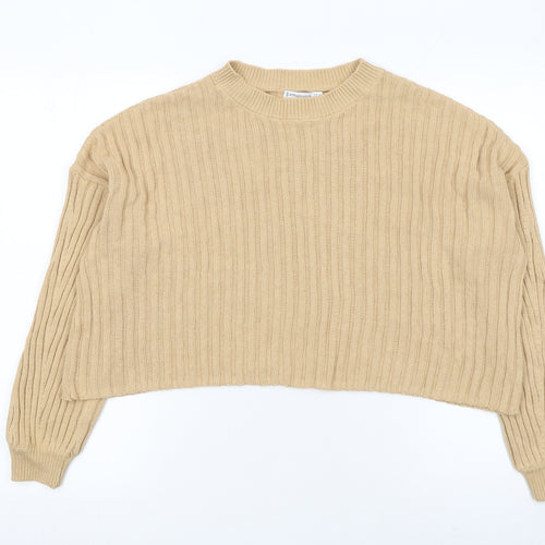Stradivarius Women Beige Rib Knit Crew Neck Cotton Jumper Size S