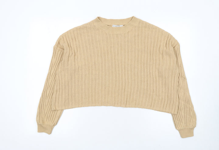 Stradivarius Women Beige Rib Knit Crew Neck Cotton Jumper Size S