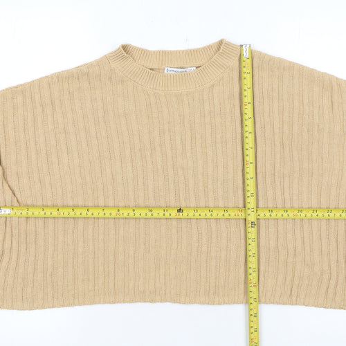 Stradivarius Women Beige Rib Knit Crew Neck Cotton Jumper Size S