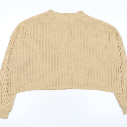 Stradivarius Women Beige Rib Knit Crew Neck Cotton Jumper Size S