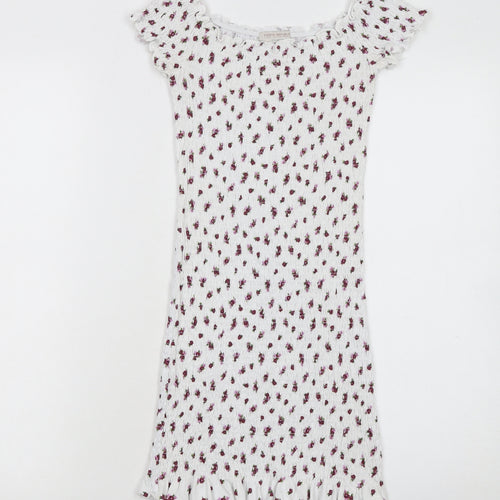 Pull & Bear Teens White Floral Short Sleeve Bodycon Dress S