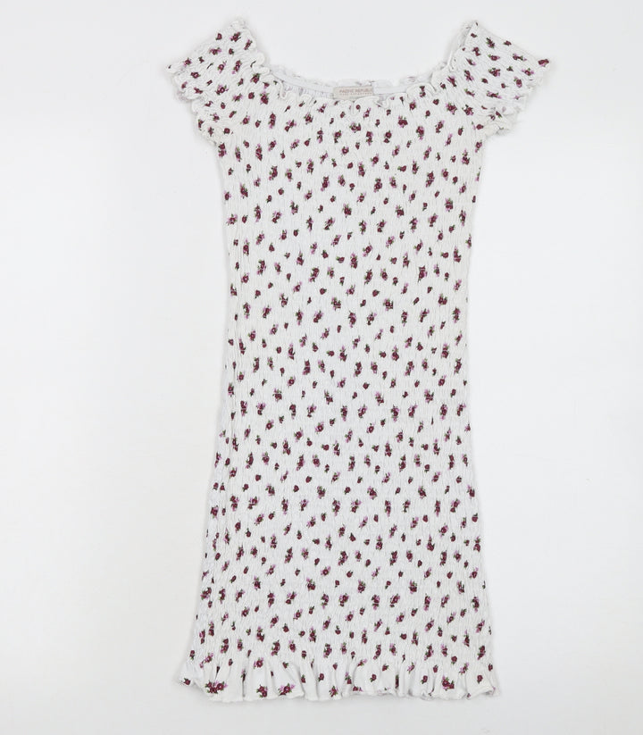 Pull & Bear Teens White Floral Short Sleeve Bodycon Dress S
