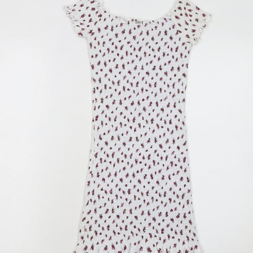 Pull & Bear Teens White Floral Short Sleeve Bodycon Dress S