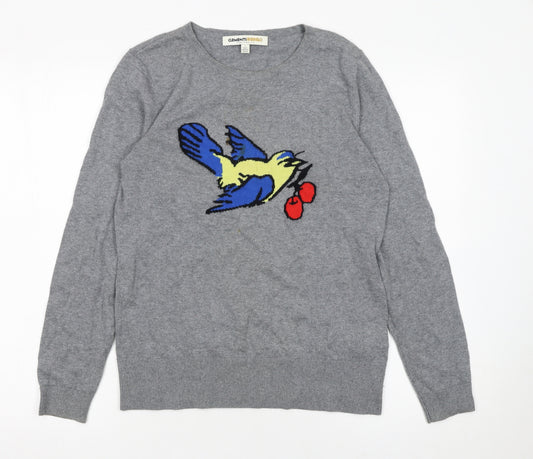 Clements Ribeiro Women Grey Bird Pullover Jumper Size 14 Cotton Cashmere
