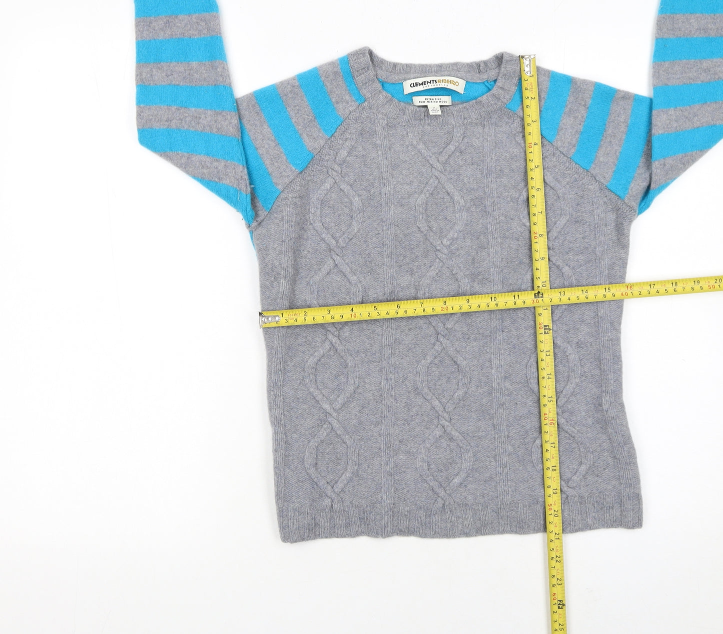 Clements Ribeiro Women Grey Blue Striped Cable-Knit Merino Wool Jumper UK 12