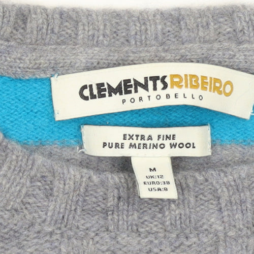 Clements Ribeiro Women Grey Blue Striped Cable-Knit Merino Wool Jumper UK 12