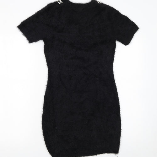 Quiz Womens Black Beaded Neck Short Sleeve Bodycon Dress Size S