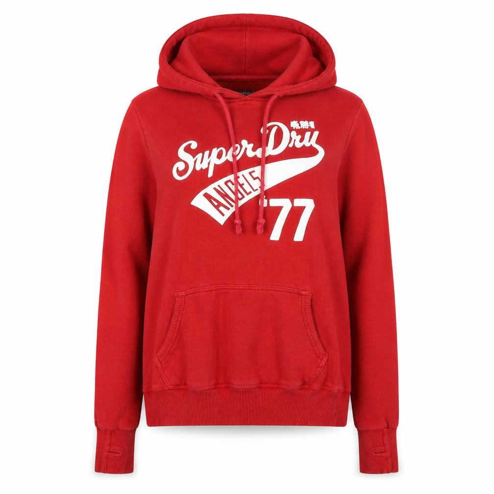 Front view of Superdry Women Red Pullover Hoodie S Cotton Blend Graphic Print