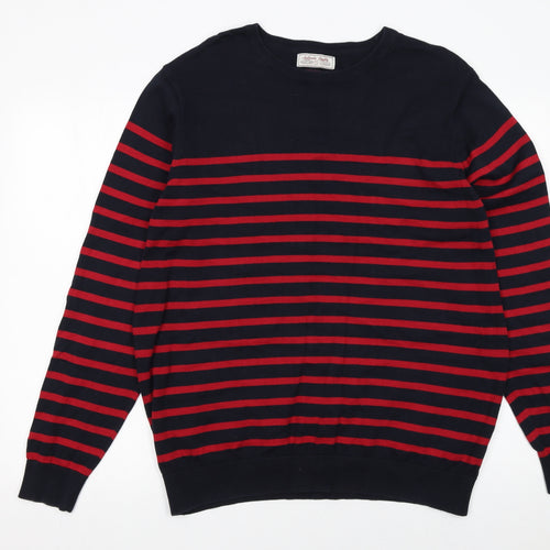 TU Men's Blue Red Striped Cotton Crew Neck Jumper Size L