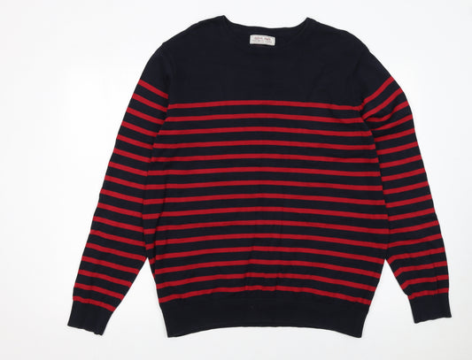 TU Men's Blue Red Striped Cotton Crew Neck Jumper Size L