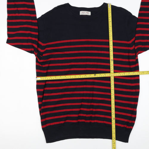TU Men's Blue Red Striped Cotton Crew Neck Jumper Size L