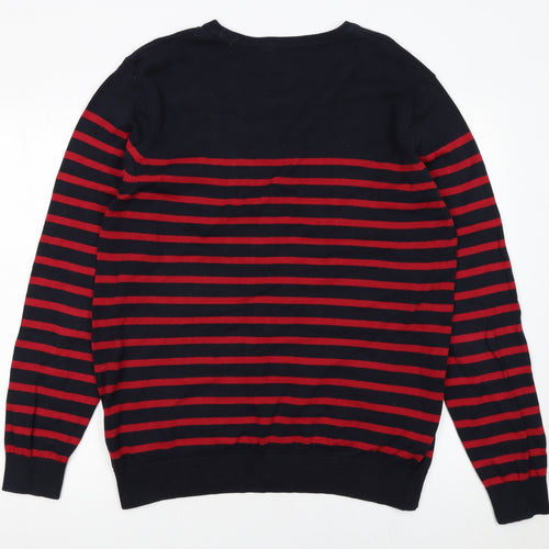 TU Men's Blue Red Striped Cotton Crew Neck Jumper Size L