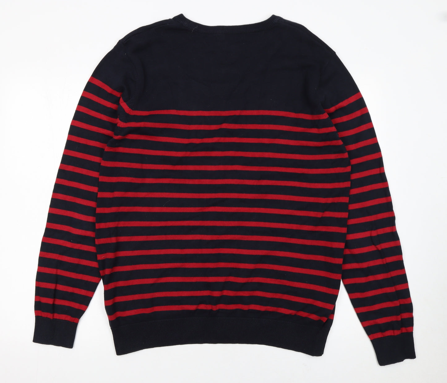 TU Men's Blue Red Striped Cotton Crew Neck Jumper Size L