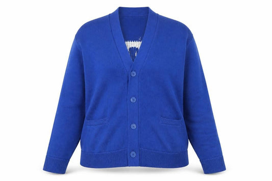 Front view of Stussy Women Blue Cotton V-Neck Cardigan S-M Knit Jumper