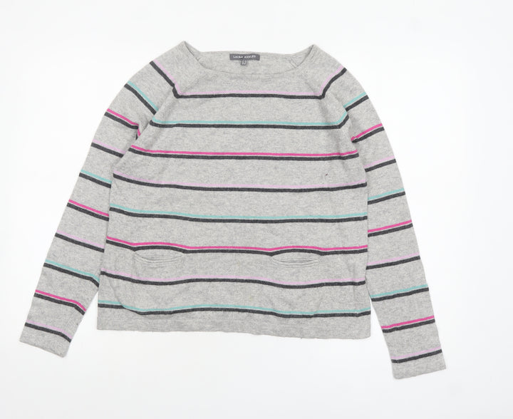 Laura Ashley Women’s Grey Striped Pullover Jumper UK 10 Cotton Blend