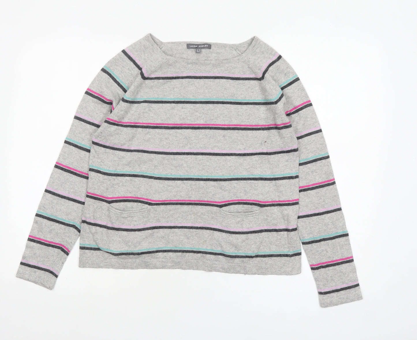 Laura Ashley Women’s Grey Striped Pullover Jumper UK 10 Cotton Blend