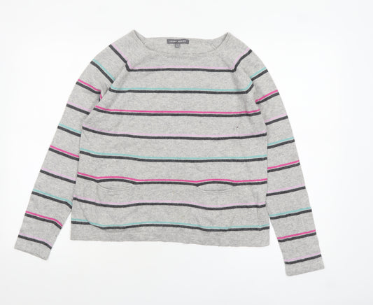 Laura Ashley Women’s Grey Striped Pullover Jumper UK 10 Cotton Blend