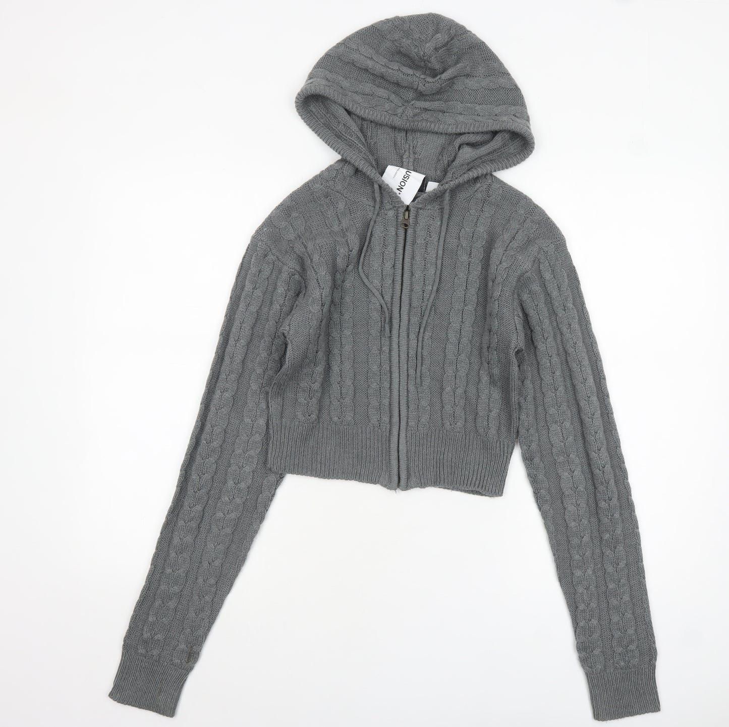 Collusion Women Grey Cable Knit Full Zip Hooded Jumper UK 10