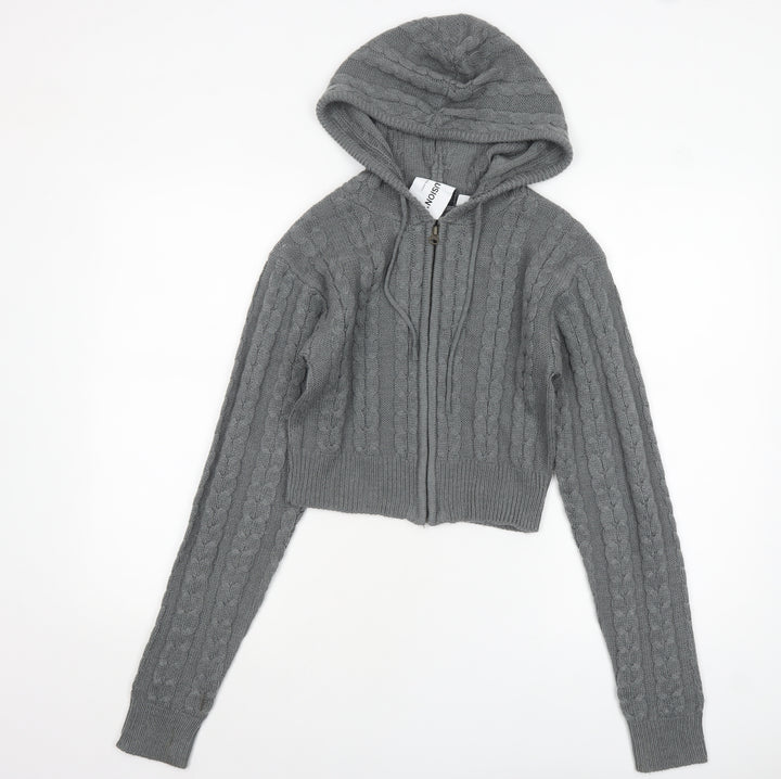 Collusion Women Grey Cable Knit Full Zip Hooded Jumper UK 10