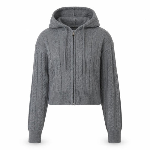 Collusion Women Grey Cable Knit Full Zip Hooded Jumper UK 10