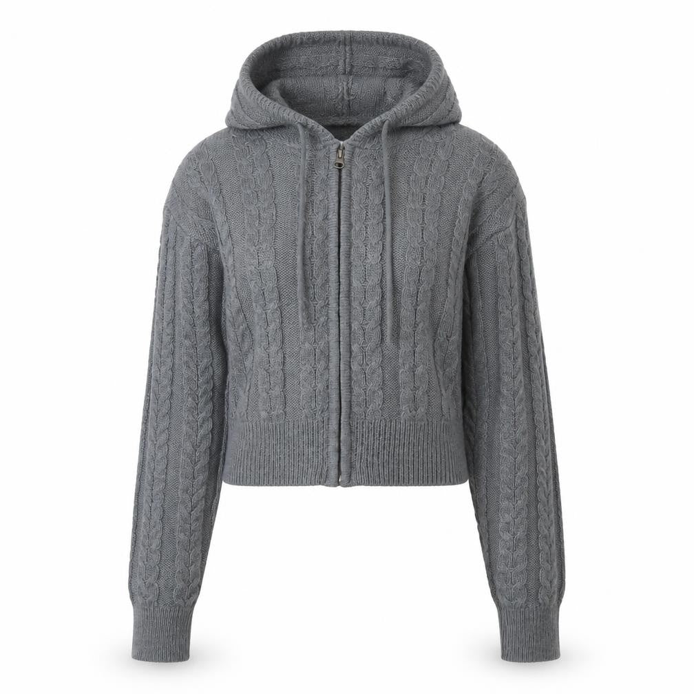 Collusion Women Grey Cable Knit Full Zip Hooded Jumper UK 10