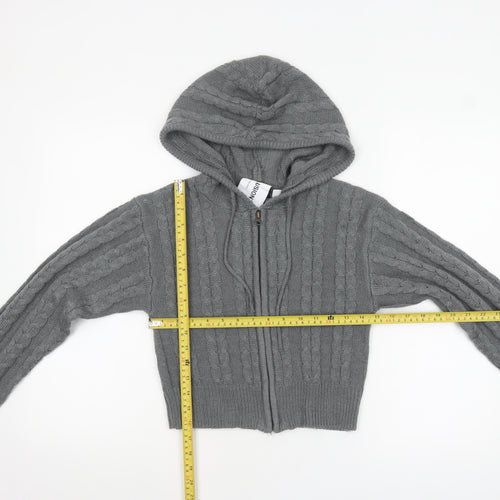 Collusion Women Grey Cable Knit Full Zip Hooded Jumper UK 10