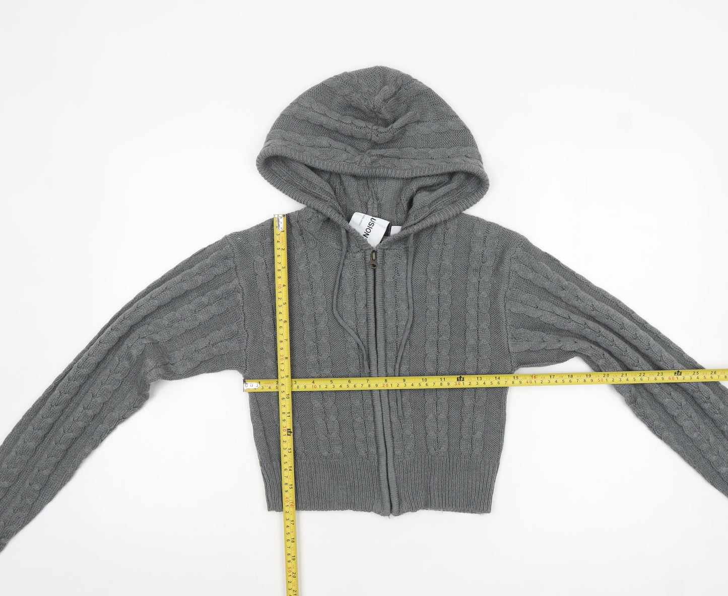 Collusion Women Grey Cable Knit Full Zip Hooded Jumper UK 10