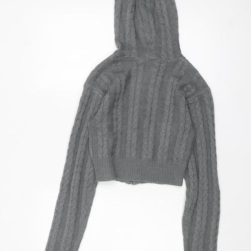 Collusion Women Grey Cable Knit Full Zip Hooded Jumper UK 10